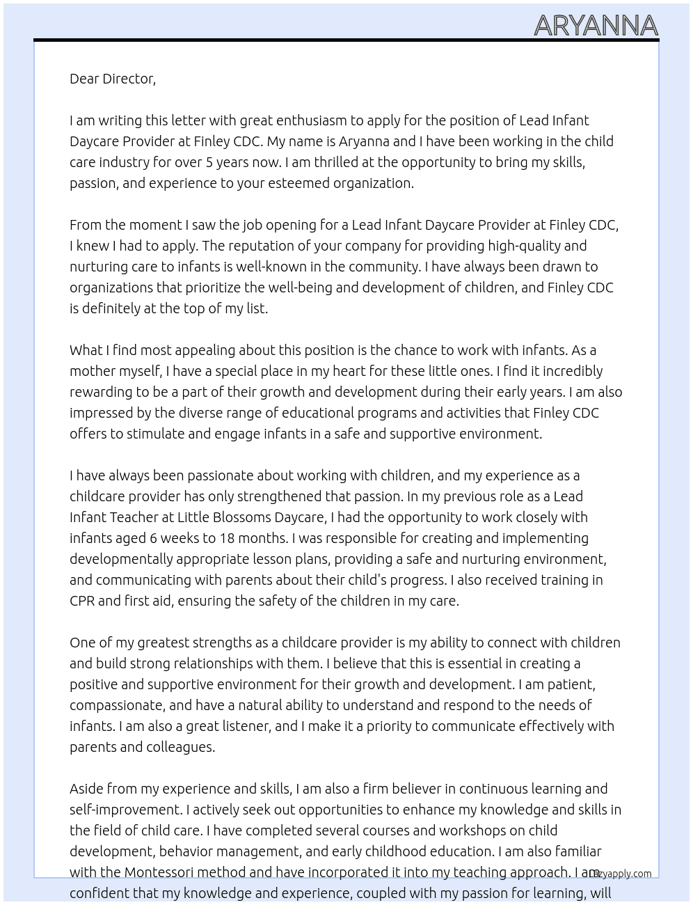 Lead Infant daycare provider  At Finley CDC  Cover Letter