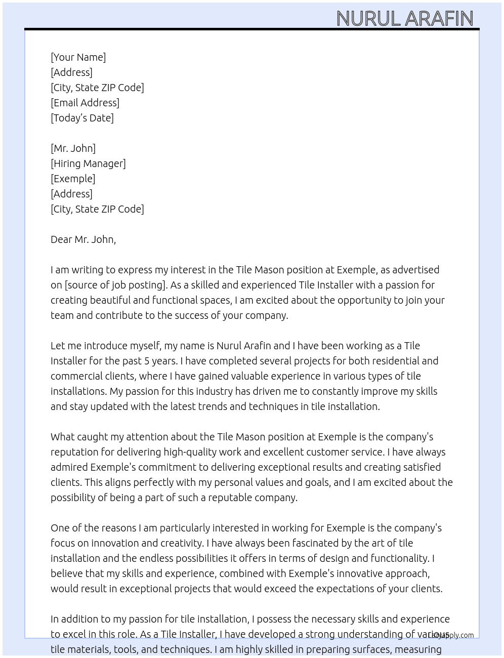 Cover letter for tile mason - LazyApply