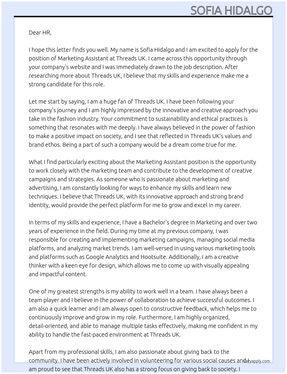 Marketing Assistant At Threads UK Cover Letter