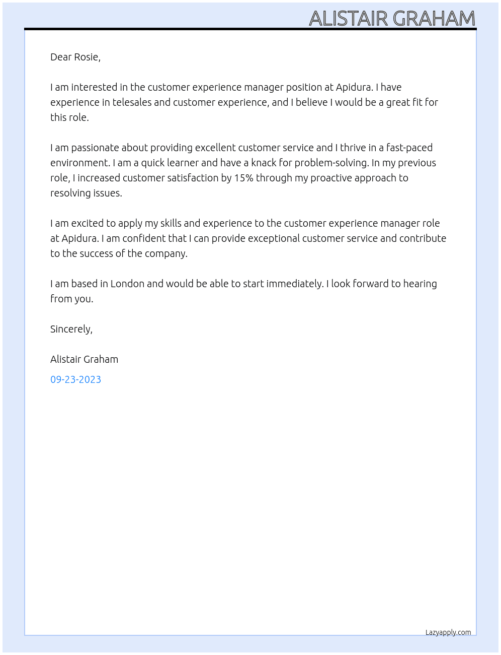 customer experience manager At Apidura Cover Letter