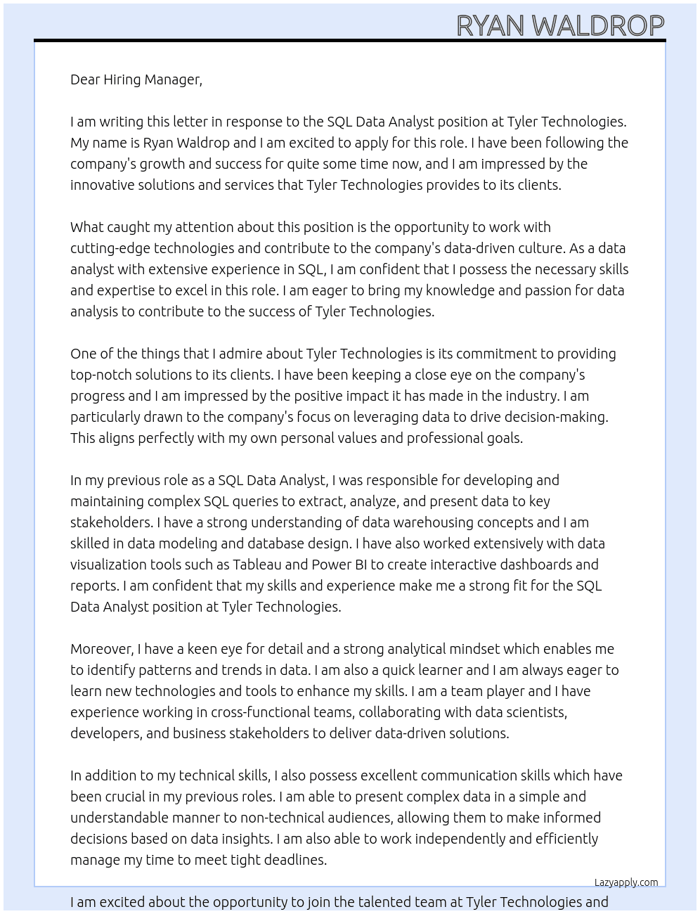 SQL Data Analyst At Tyler Technologies Cover Letter