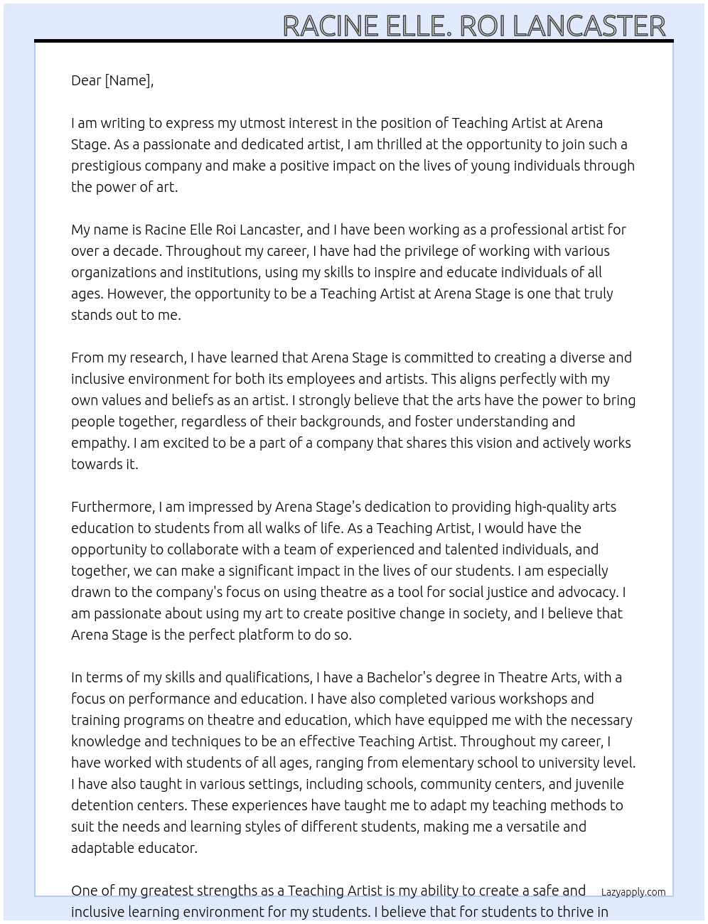 Teaching artist  At Arena Stage  Cover Letter