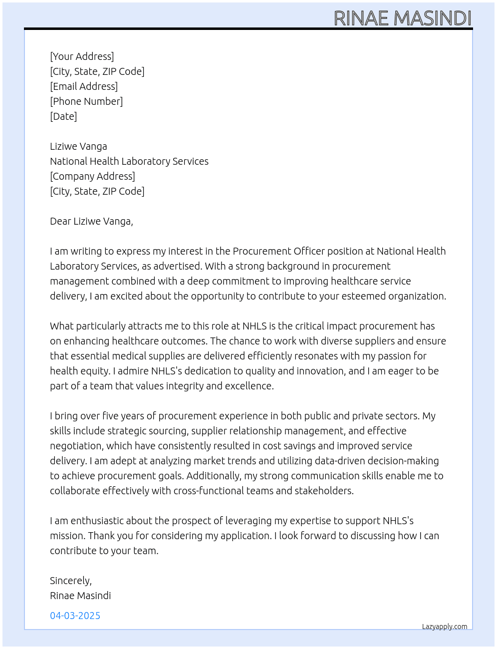 Cover letter for procument officer - LazyApply