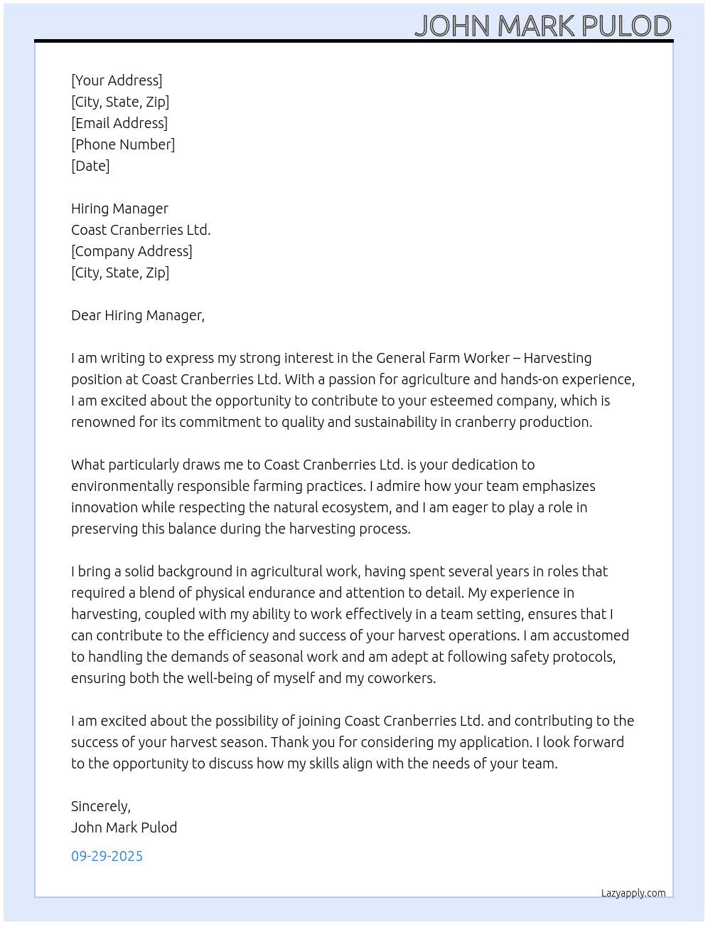 General Farm Worker – Harvesting At Coast Cranberries Ltd. Cover Letter