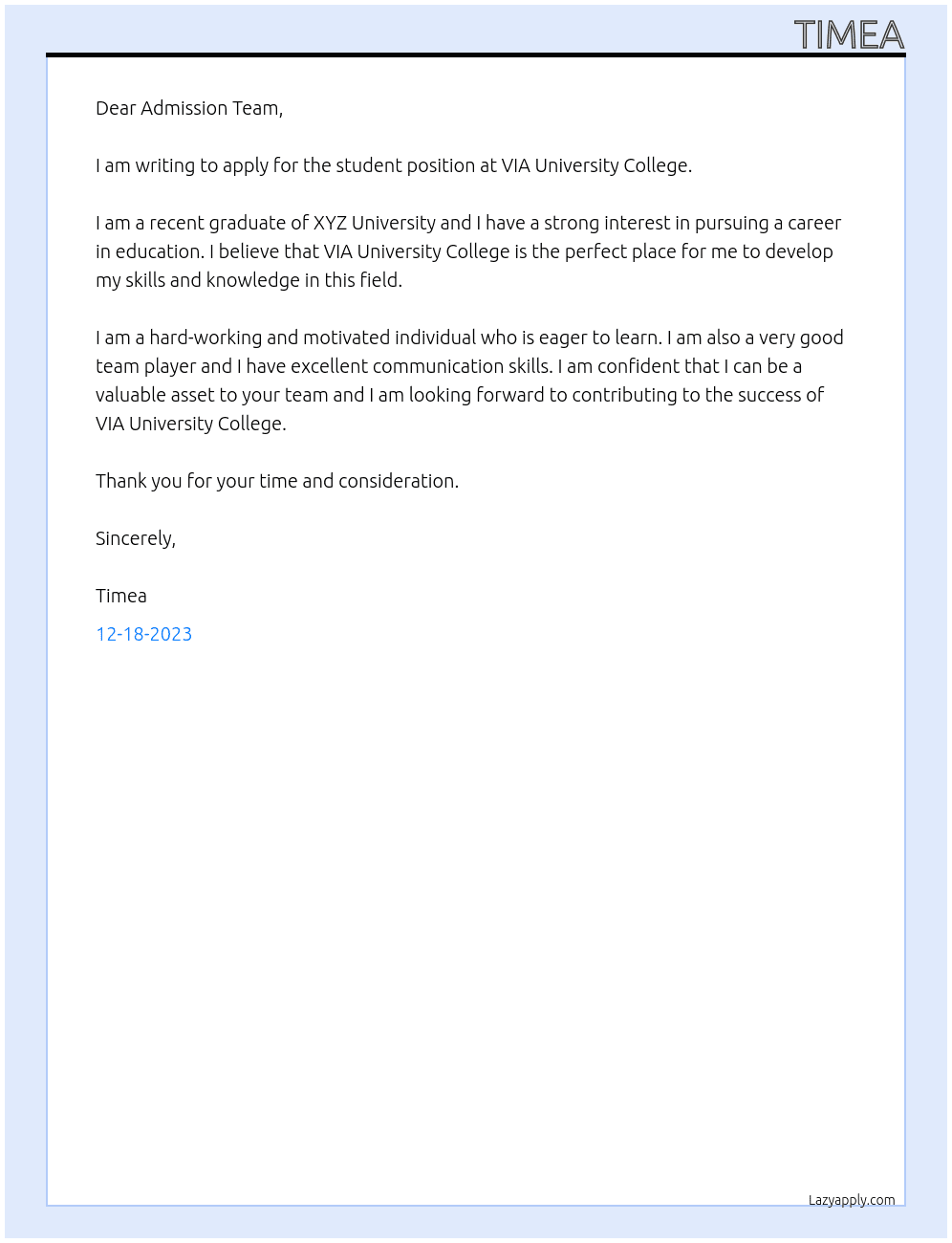 student At VIA University College  Cover Letter