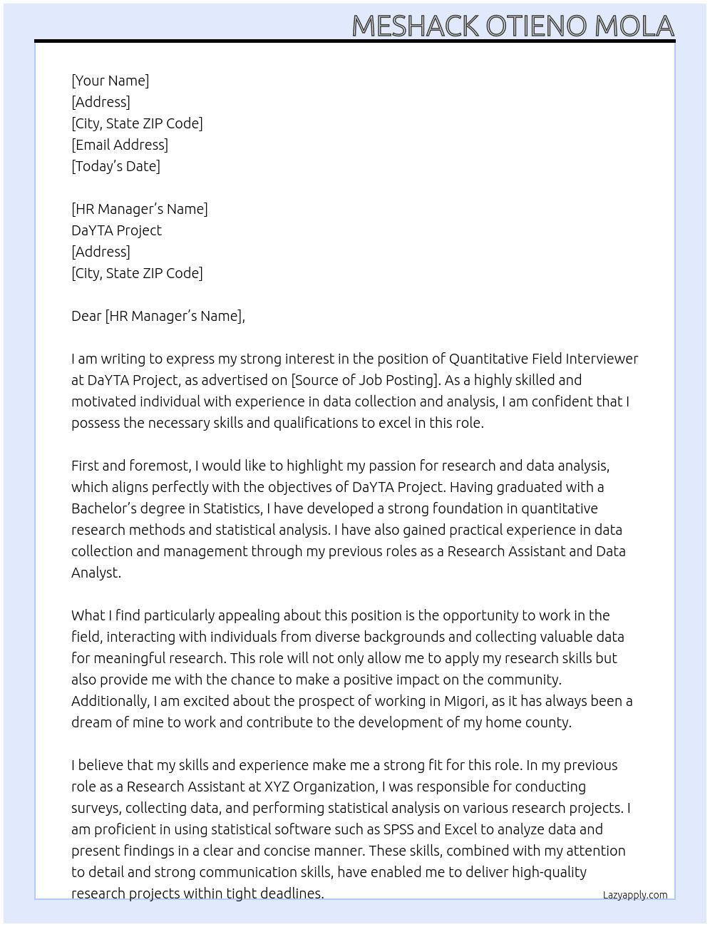 Quantitative Field Interviewer, DaYTA Project At DaYTA Project  Cover Letter