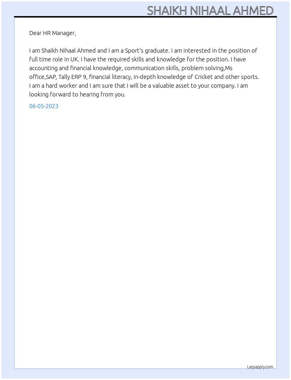Sport's graduate  At The grammer school at leads  Cover Letter