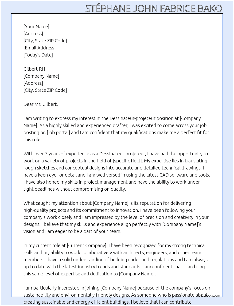 Dessinateur-projeteur At ga Cover Letter