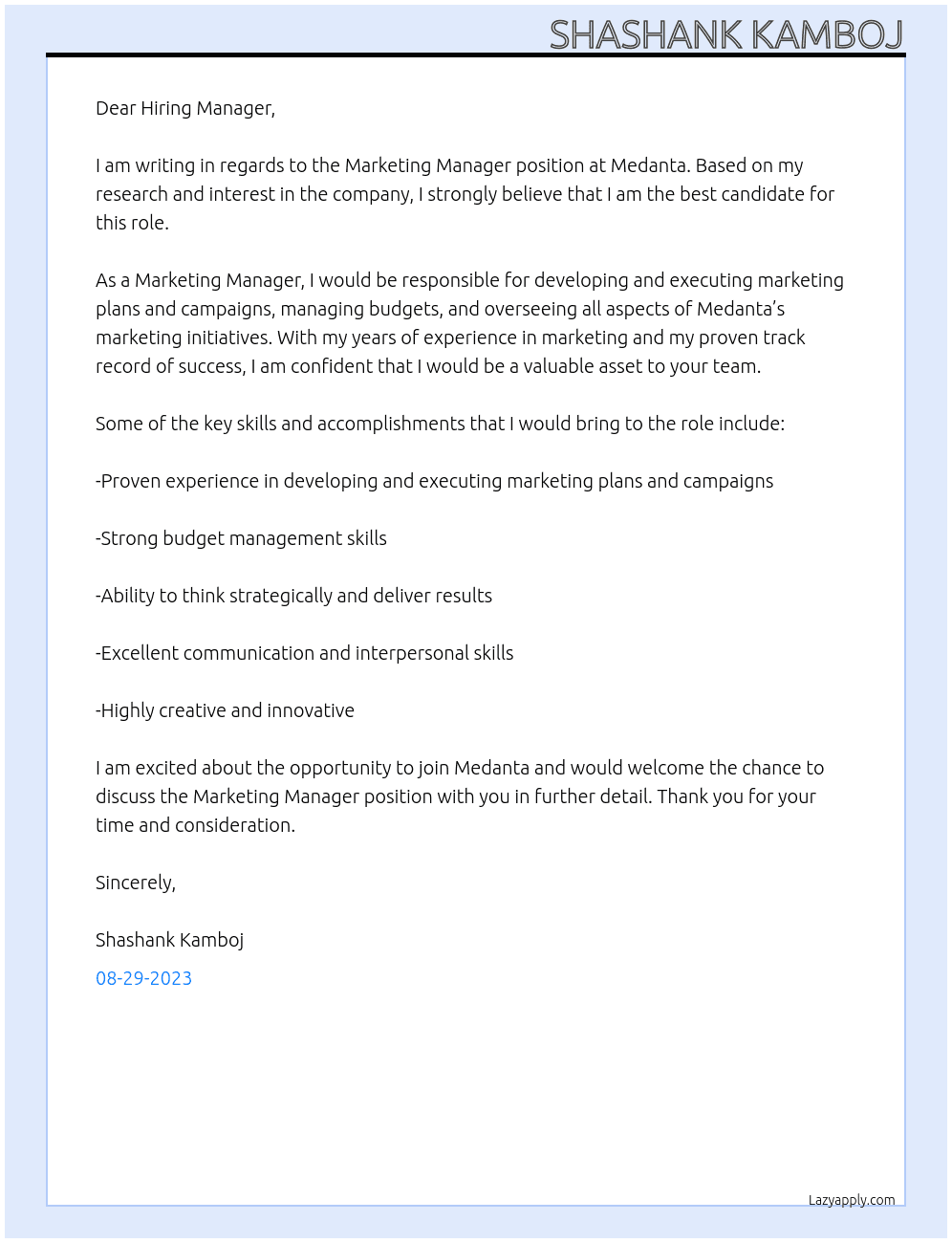 Marketing Manager At Medanta Cover Letter