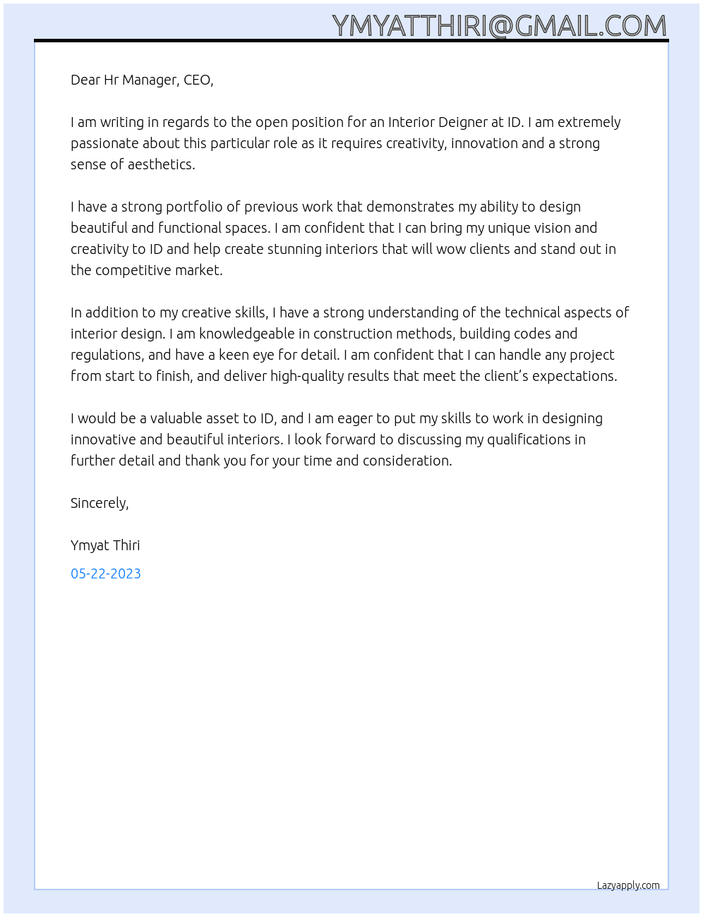 Interior Deigner At ID Cover Letter