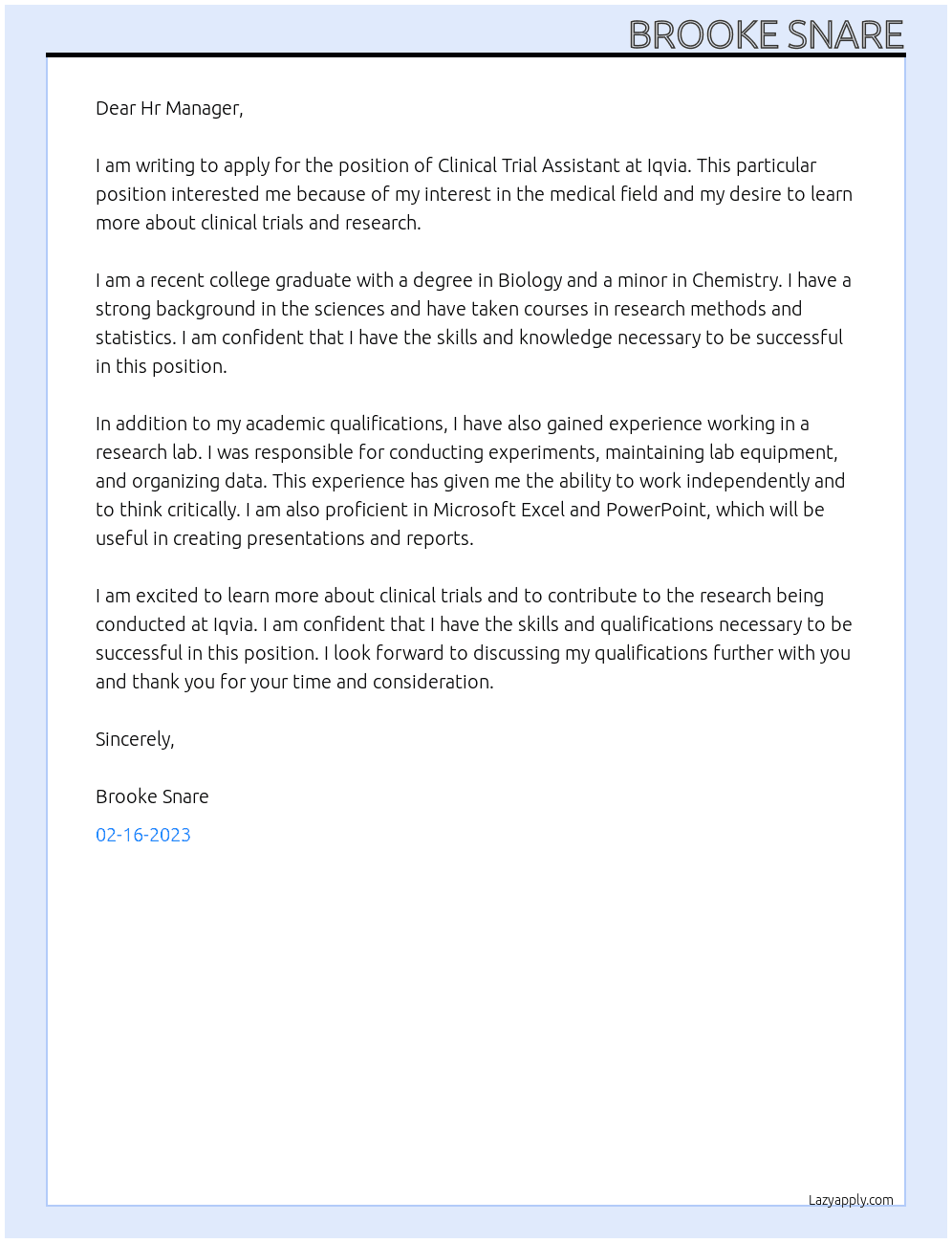 Clinical Trial Assistant At Iqvia Cover Letter