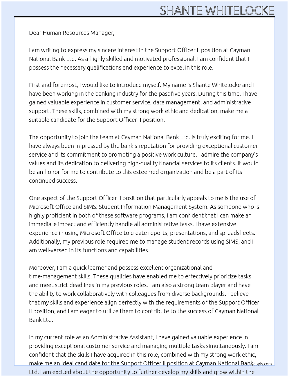 Support Officer II  At Cayman National Bank Ltd. Cover Letter