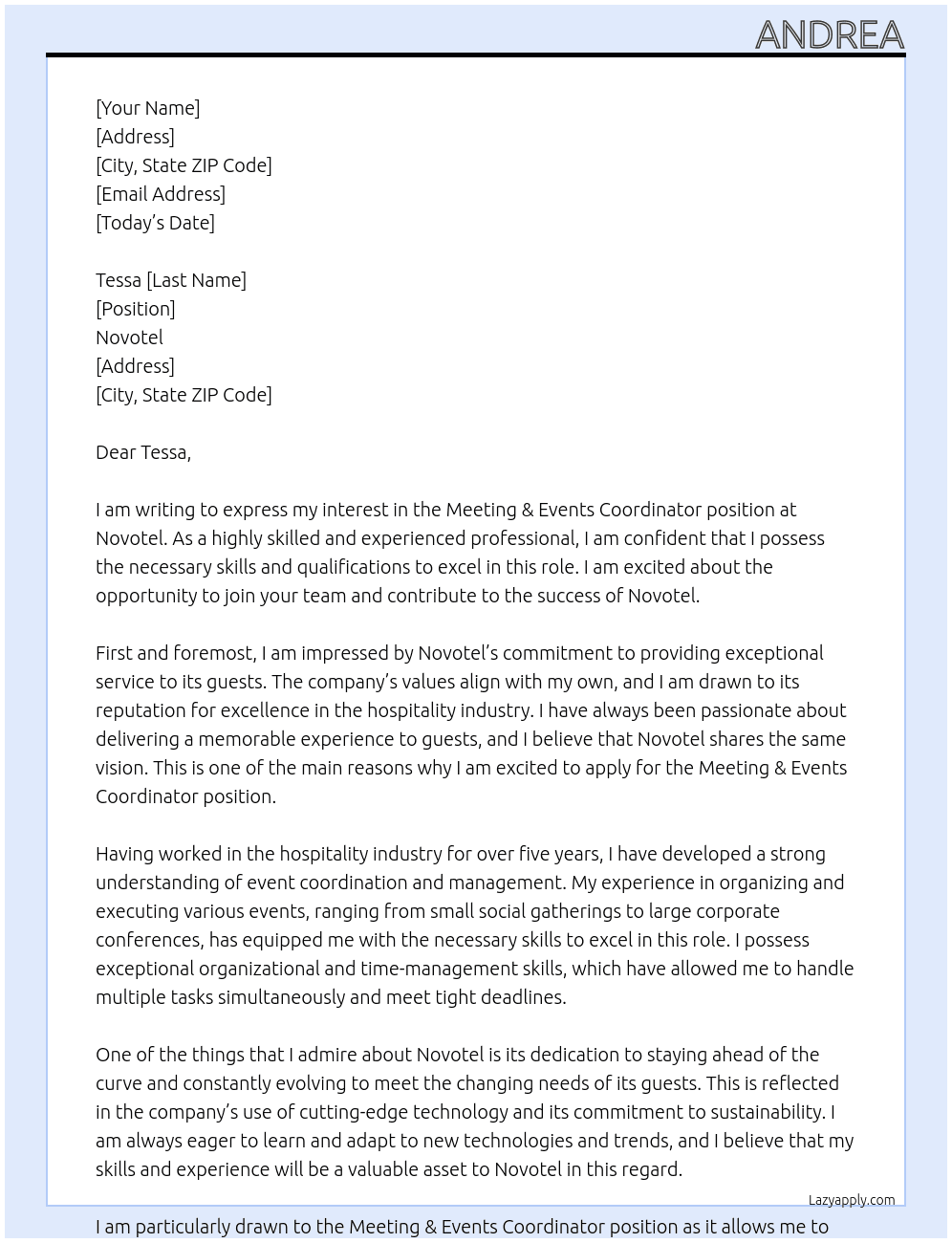 Cover letter for meeting & events coordinator - LazyApply