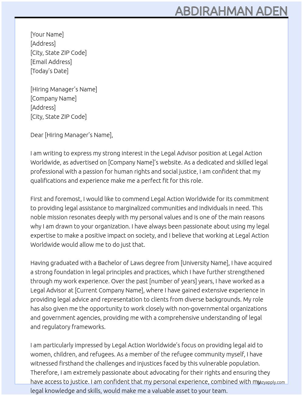 legal advisor At legal action worldwide Cover Letter