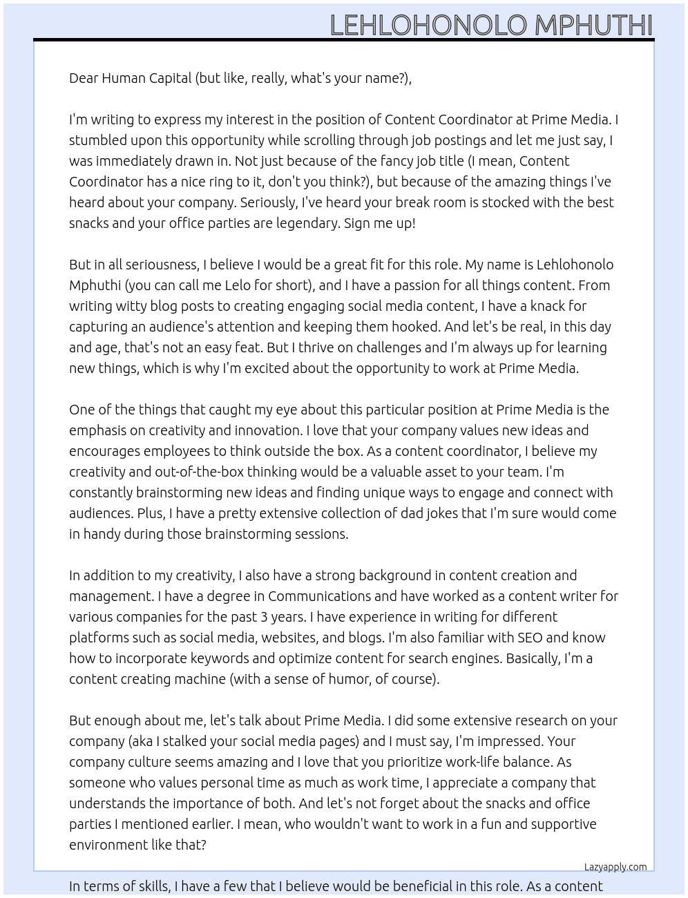 content coordinator  At Prime Media  Cover Letter