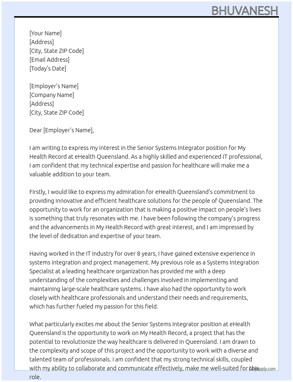 Senior Systems Integrator, My Health Record At eHealth Queensland Cover Letter