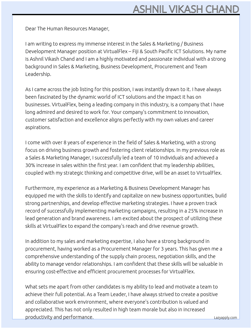 Sales & Marketing / Business Development Manager  At  VirtualFlex – Fiji & South Pacific ICT Solutions Cover Letter