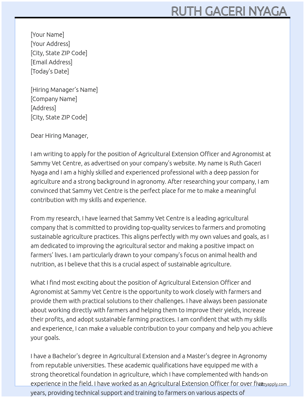 Agricultural extension officer and agronomist  At Sammy vet centre  Cover Letter
