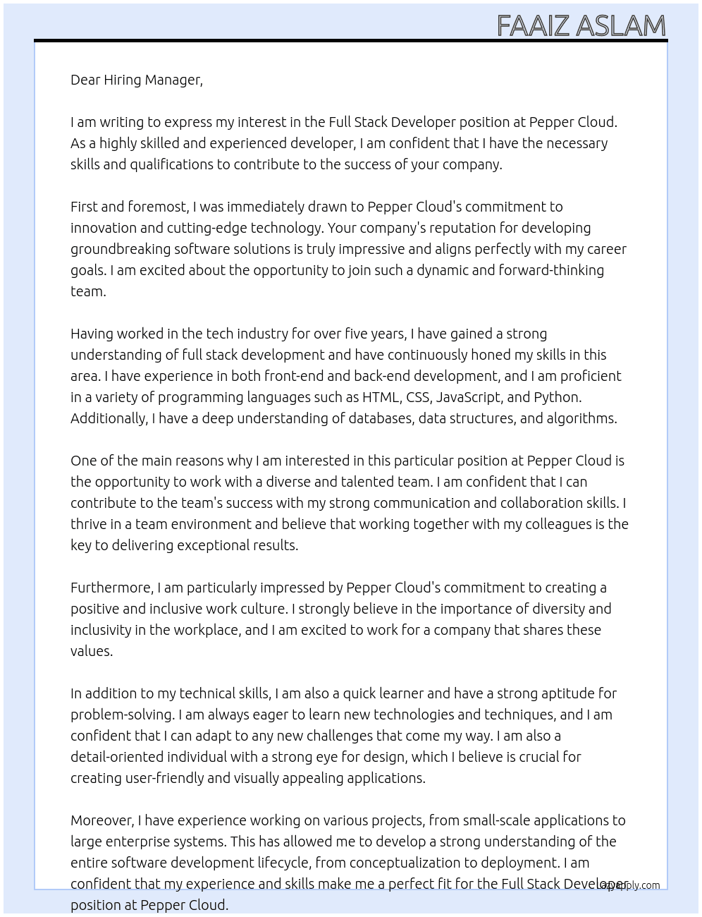 Full Stack Developer At Pepper Cloud Cover Letter