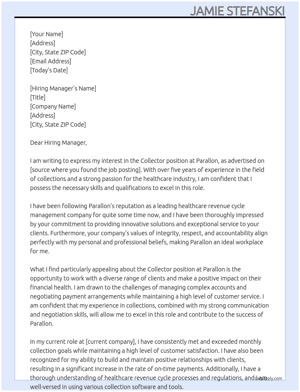 Collector At Parallon  Cover Letter