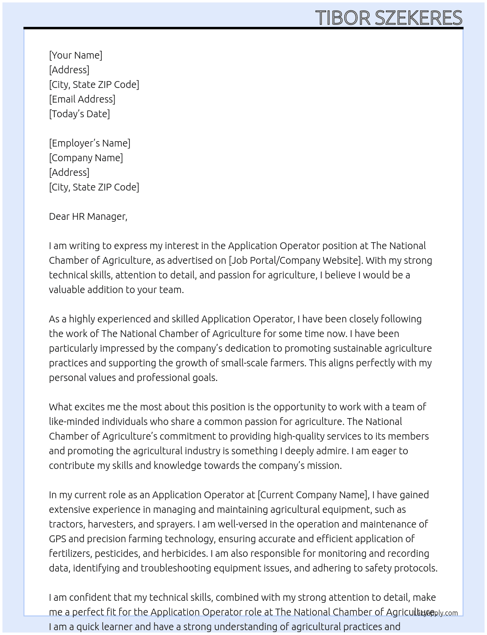 Application Operator At The National Chamber of Agriculture Cover Letter