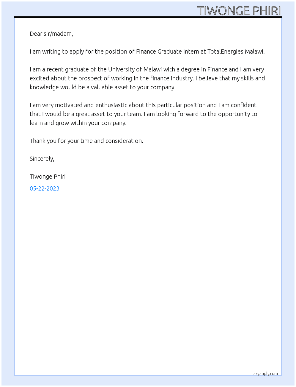 Finance Graduate Intern At TotalEnergies Malawi Cover Letter