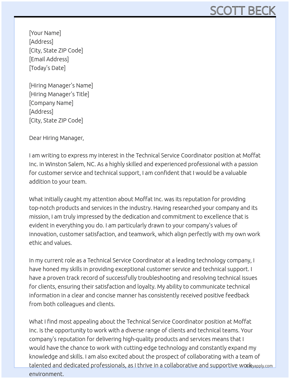 Technical Service Coordinator At Moffat Inc. Cover Letter