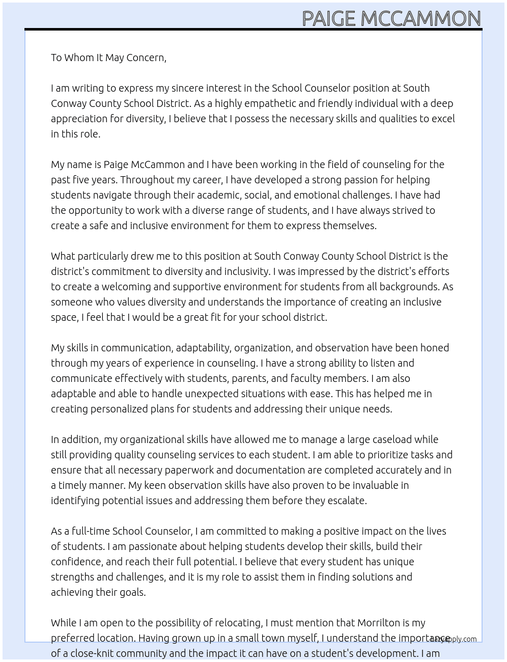 School Counselor At South Conway County School District Cover Letter