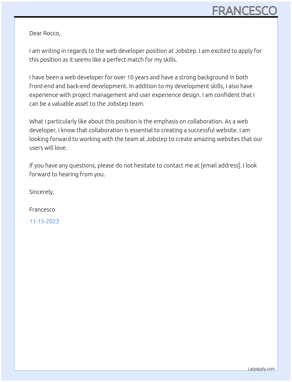 web developer At jobstep Cover Letter