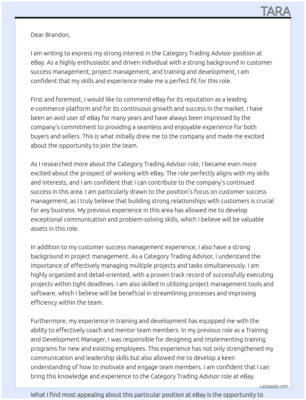 Category Trading Advisor At eBay Cover Letter