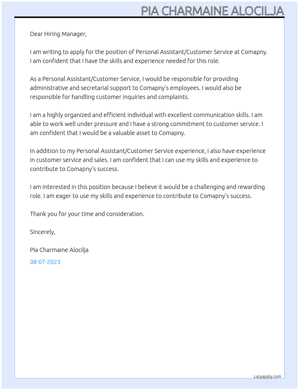 Personal Assistant/ Customer Service At Comapny Cover Letter