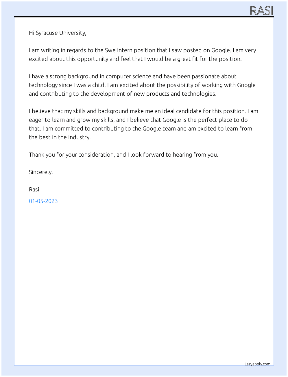 Cover letter for swe intern - LazyApply