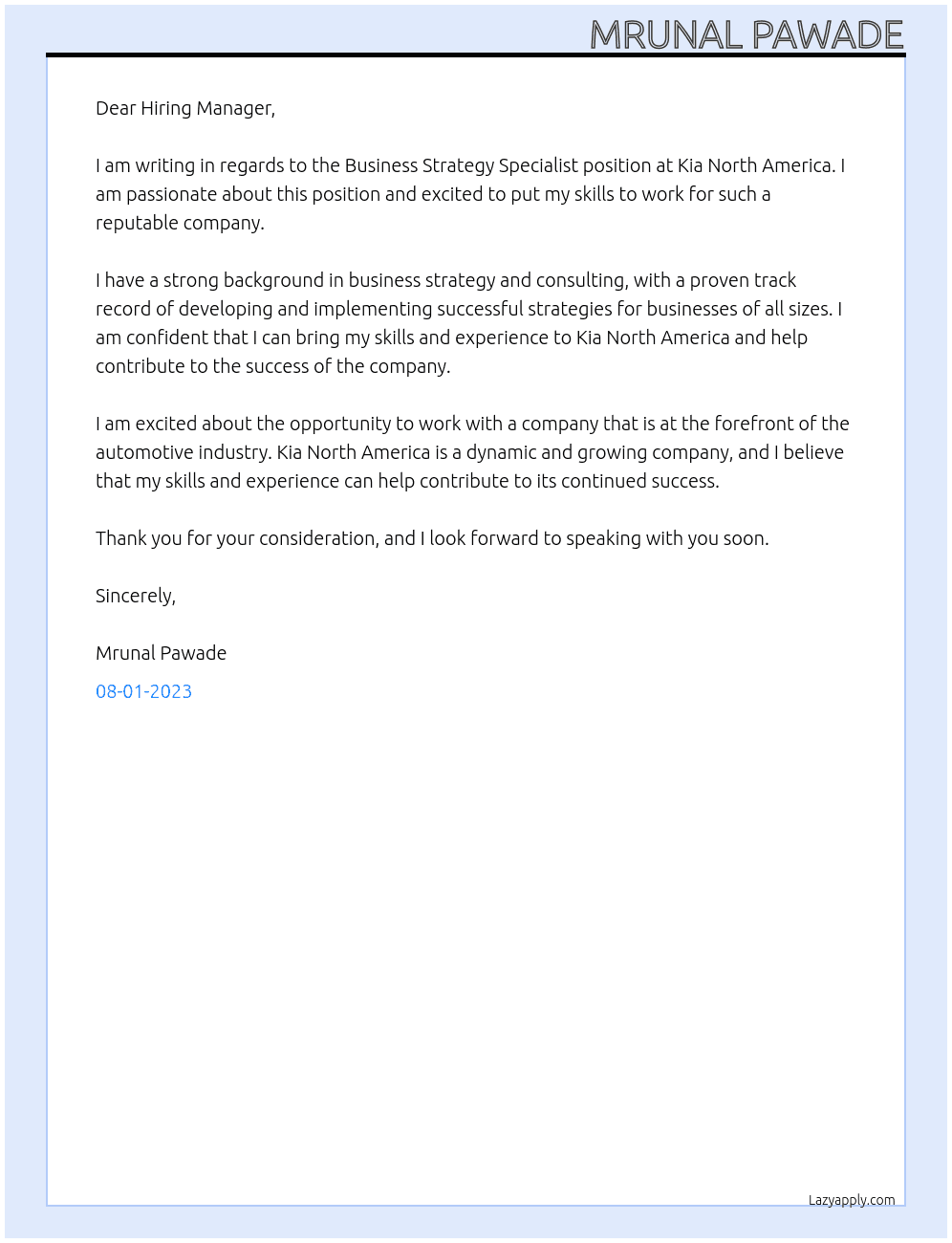 Business Strategy Specialist  At Kia North America Cover Letter