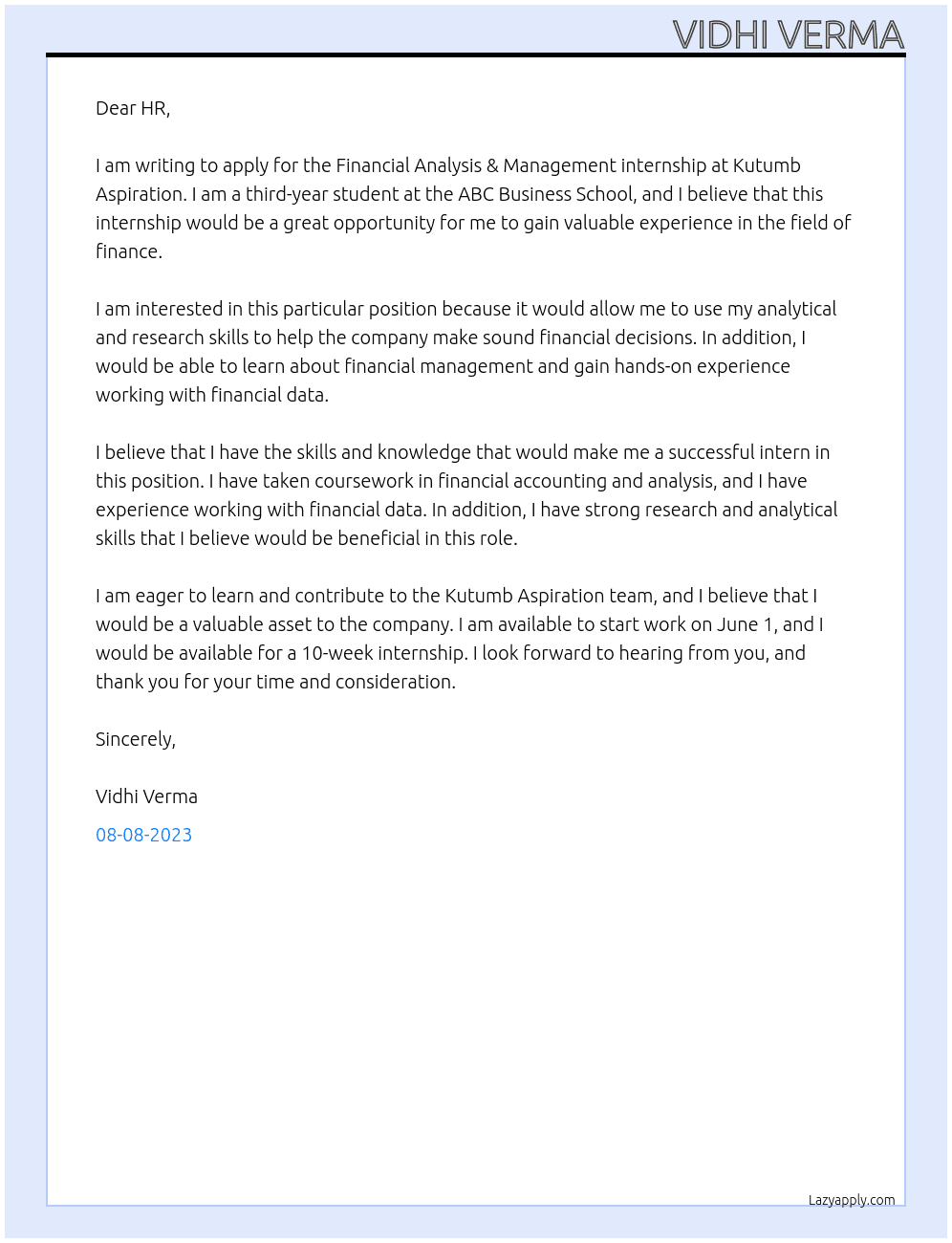 Financial Analysis & Management internship At Kutumb Aspiration Cover Letter