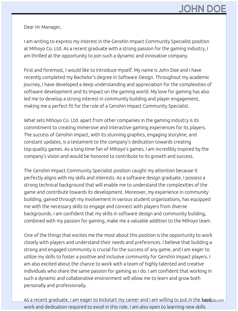 Genshin Impact Community Specialist (Player Engagement) - Fresh Grad At Mihoyo Co. Ltd. Cover Letter