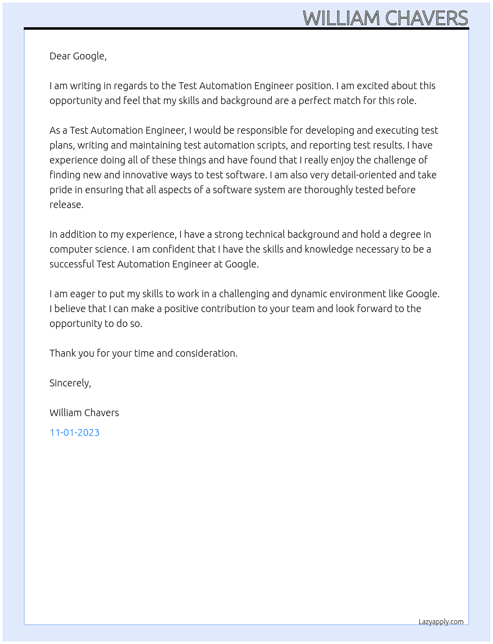 Test Automation Engineer At Google Cover Letter