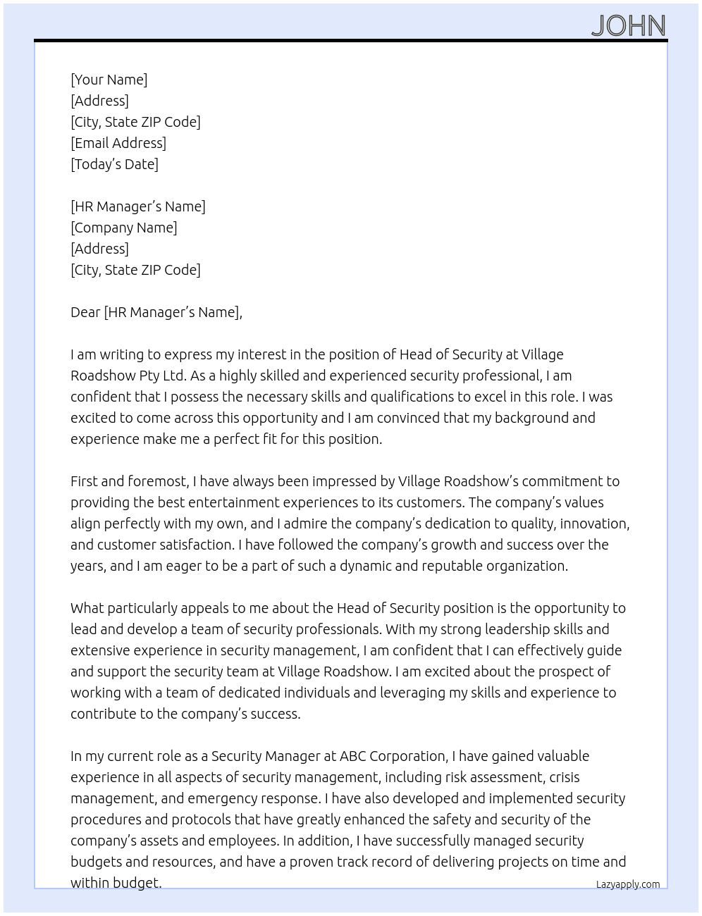 Head of Security At Village Roadshow Pty Ltd Cover Letter