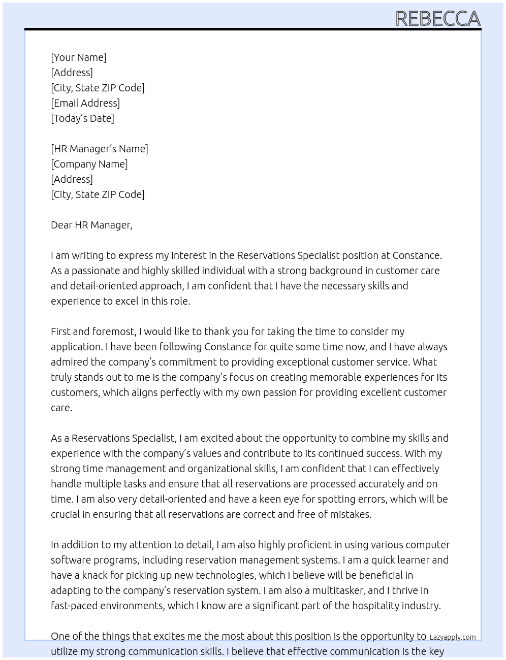 Reservations Specialist At Constance Cover Letter