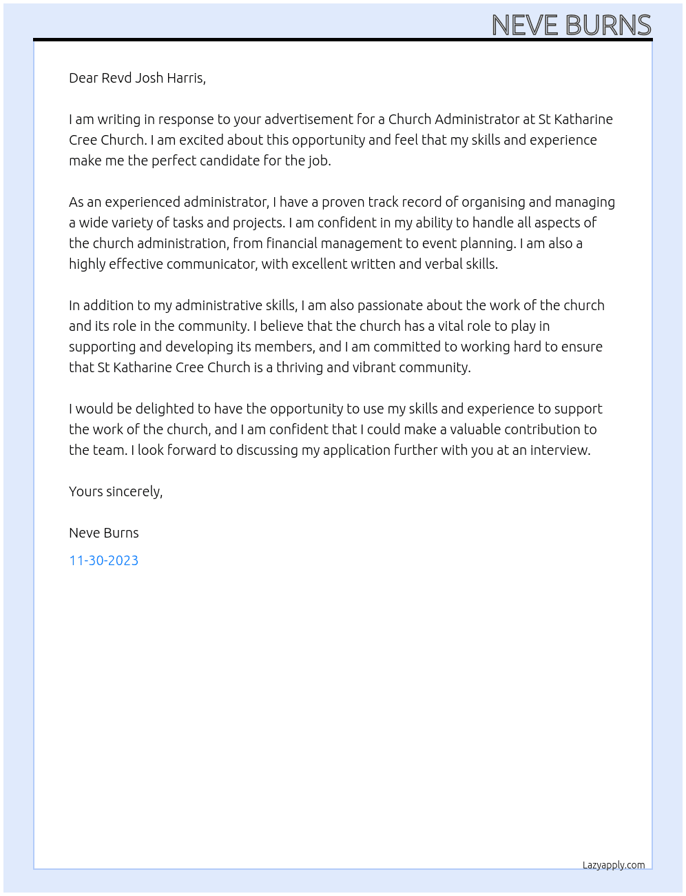 Church Administrator At St Katharine Cree Church Cover Letter