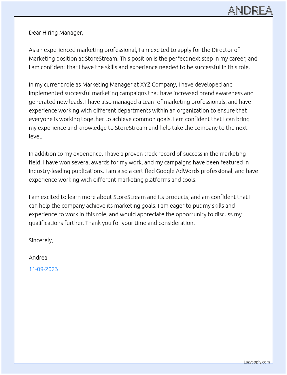 Director of Marketing At StoreStream Cover Letter