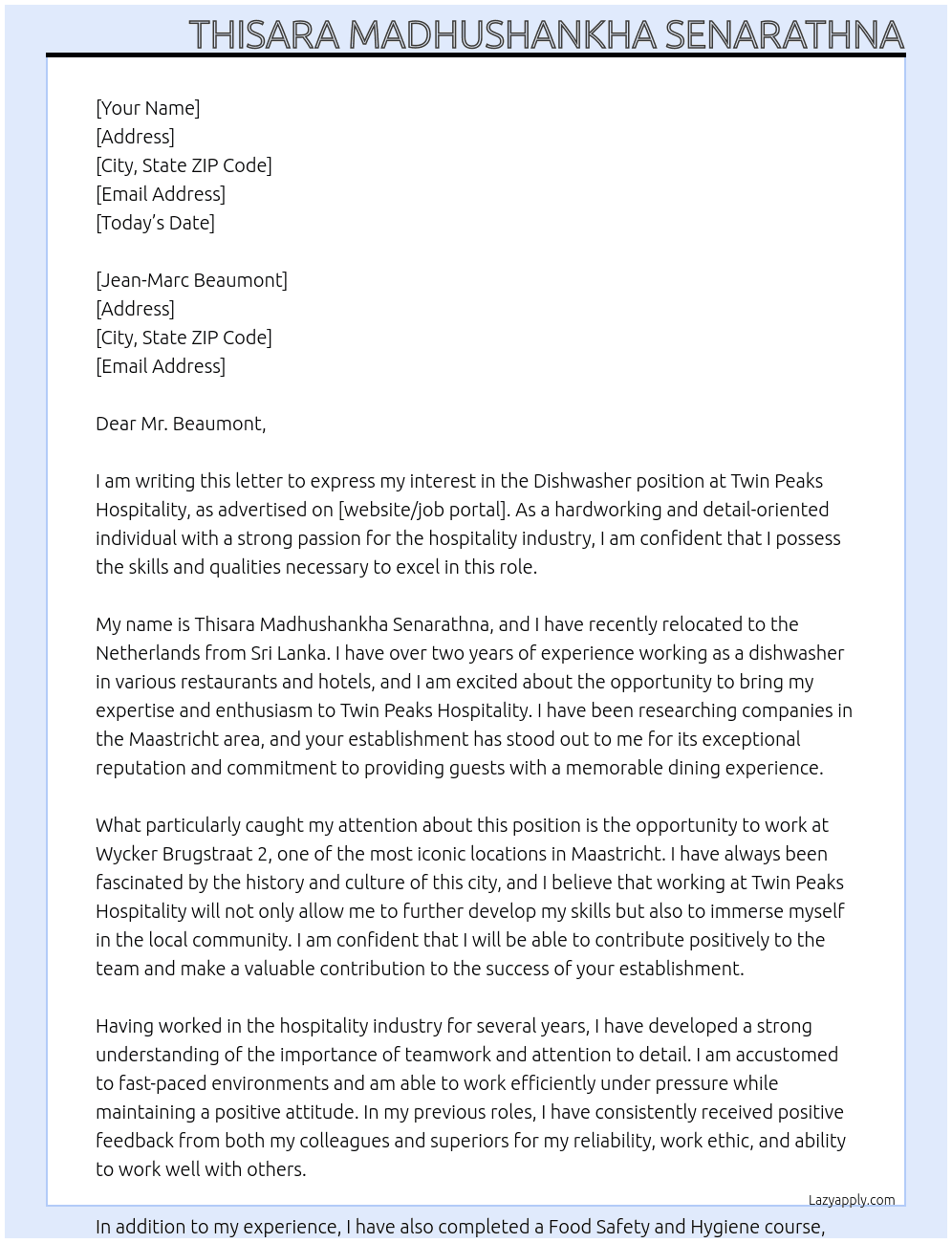 Dishwasher At Twin Peaks Hospitality Cover Letter