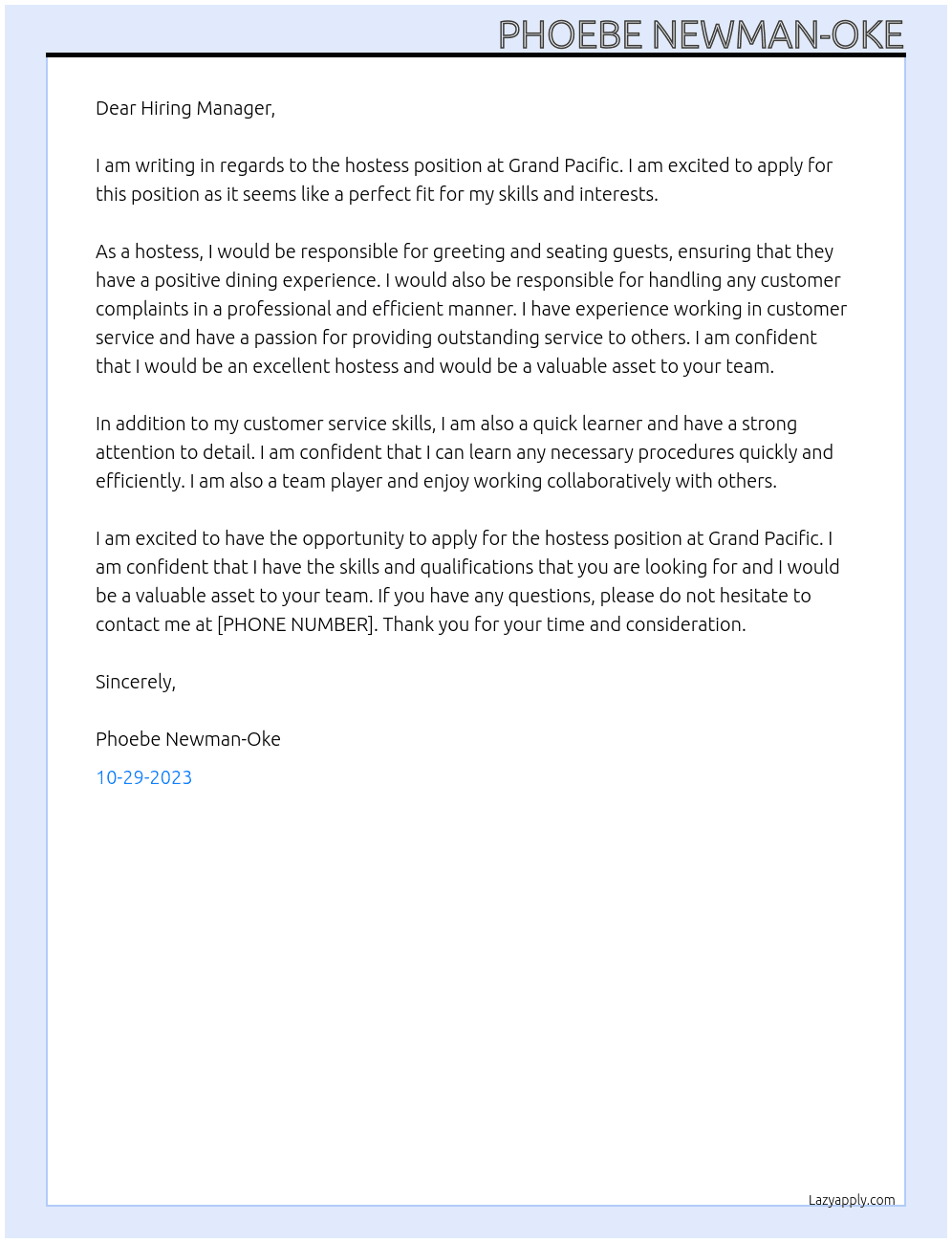 Hostess At Grand Pacific  Cover Letter