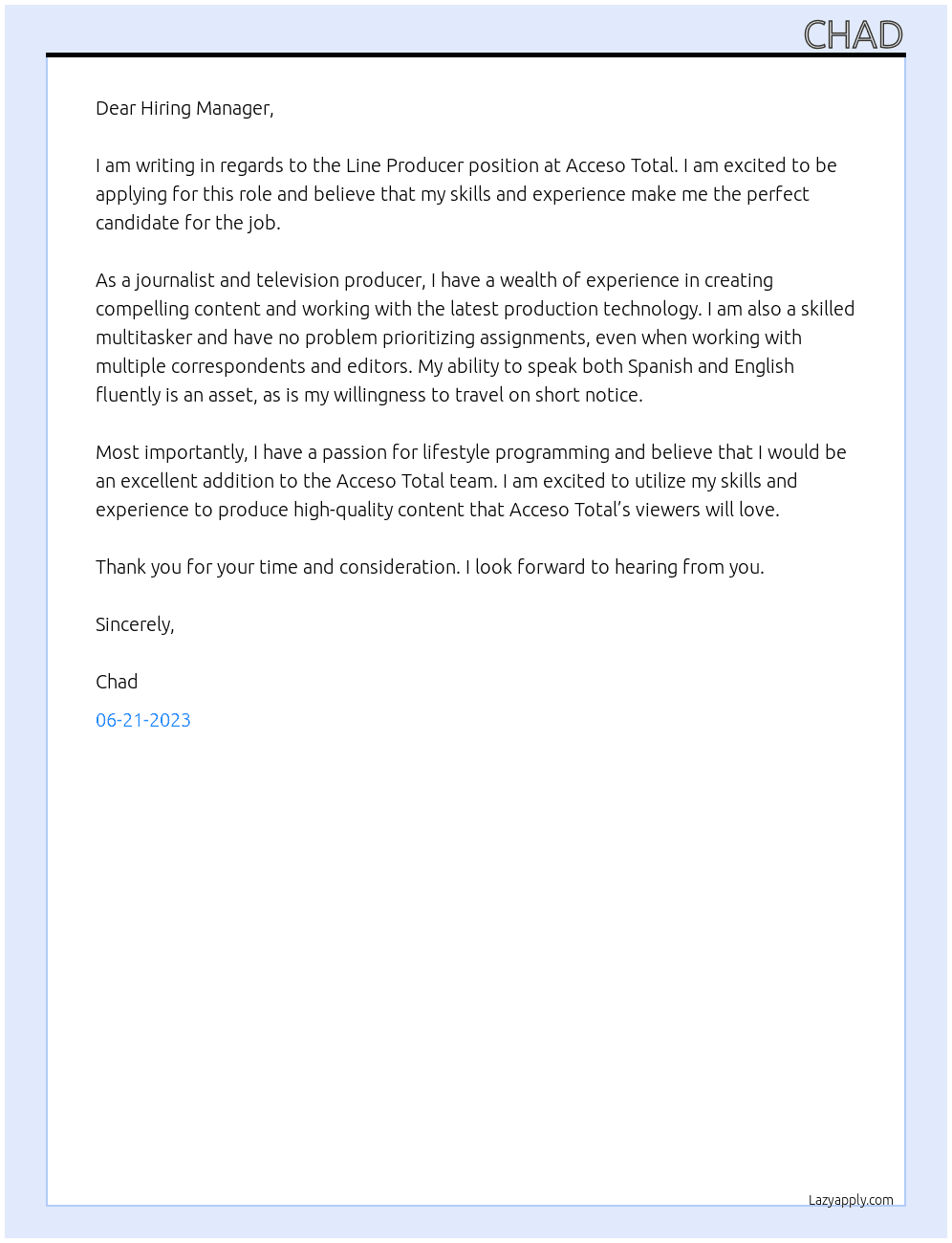 Line Producer At Acceso Total  Cover Letter
