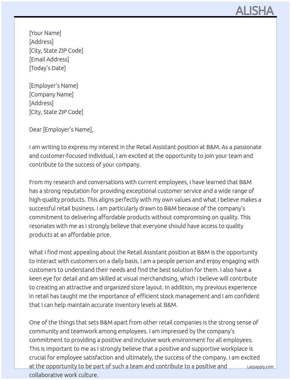 Retail assistant  At B&m Cover Letter