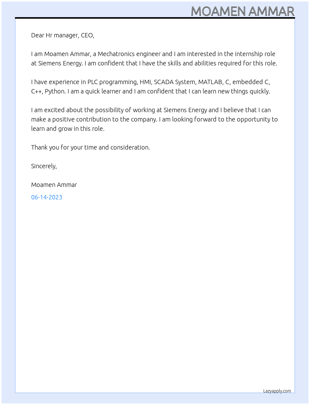 Mechatronics engineer At Siemens Energy Cover Letter