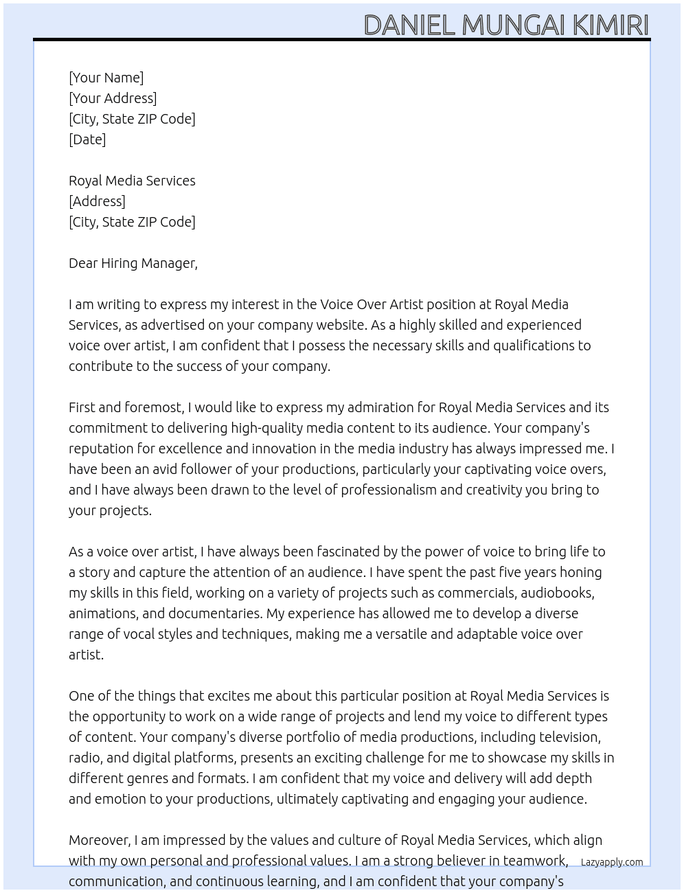 VOICE OVER ARTIST At DANIEL MUNGAI KIMIRI Cover Letter