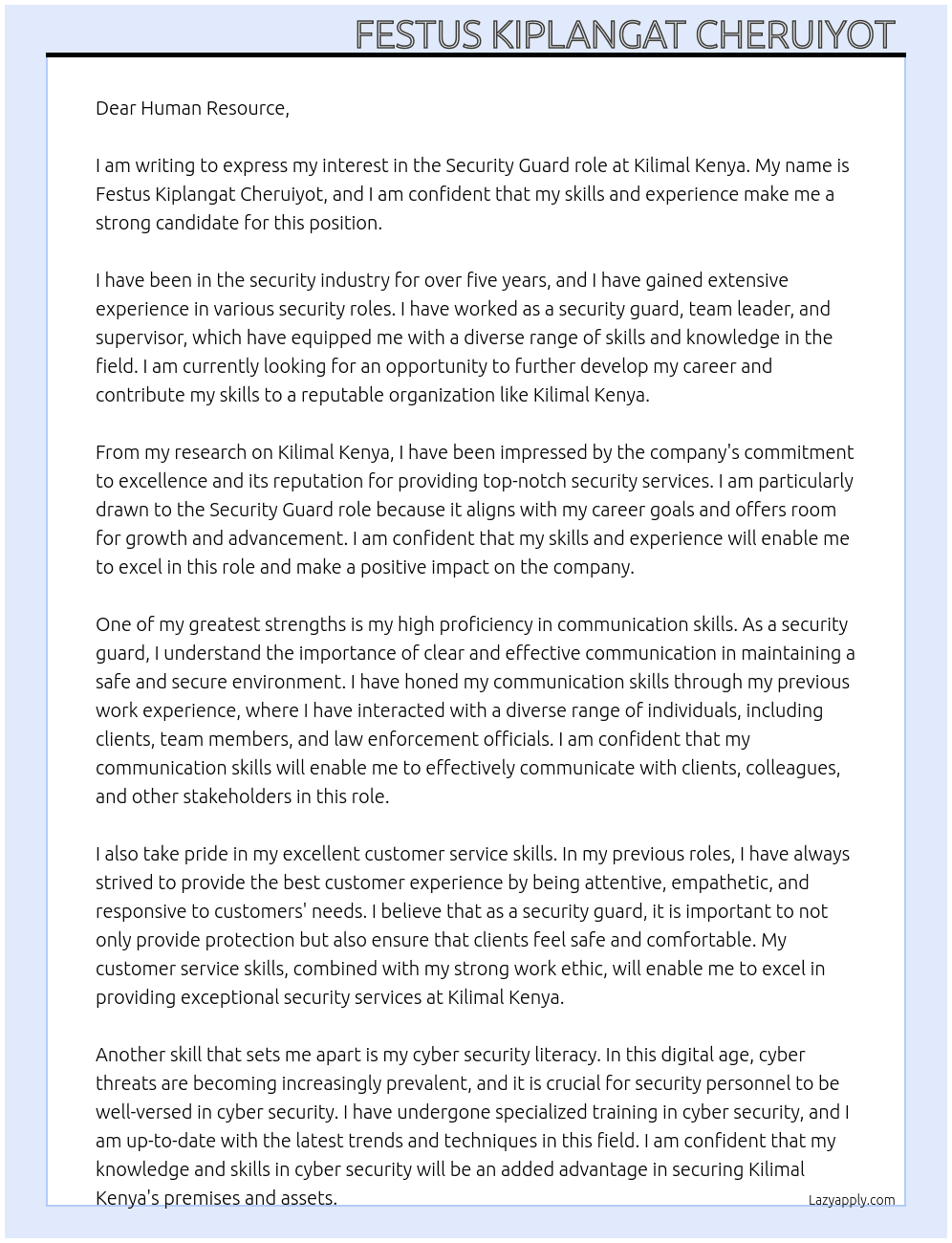 Security guard At Kilimal kenya  Cover Letter
