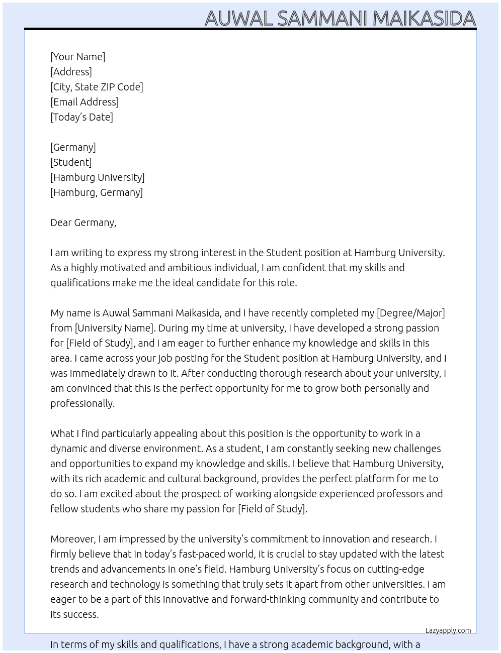 student At hamburg university Cover Letter