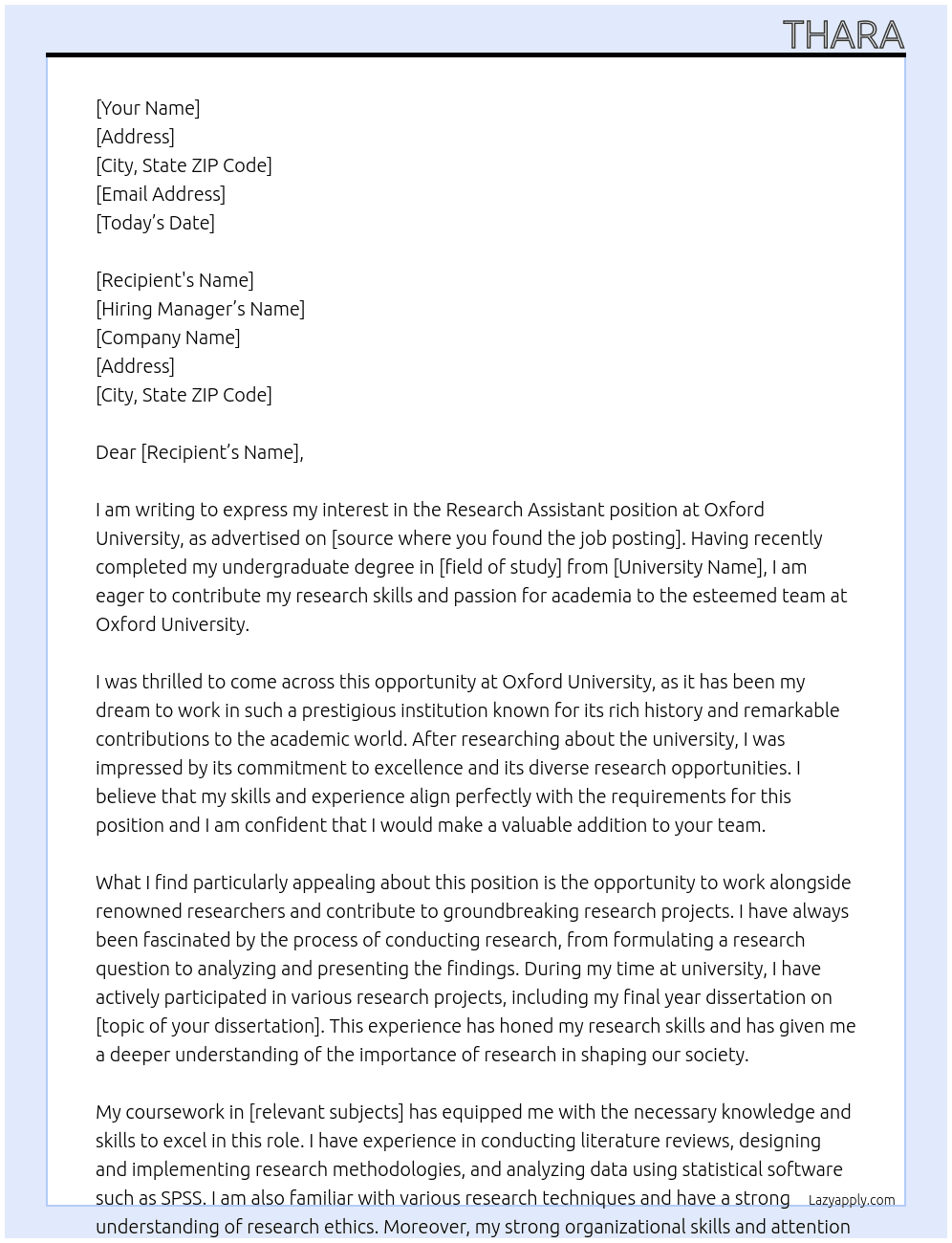RESEARCG ASSISTANT At OXFORD UNIVERSITY Cover Letter