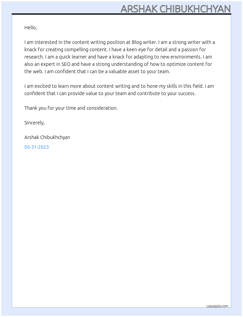Content Writing  At Blog writer Cover Letter